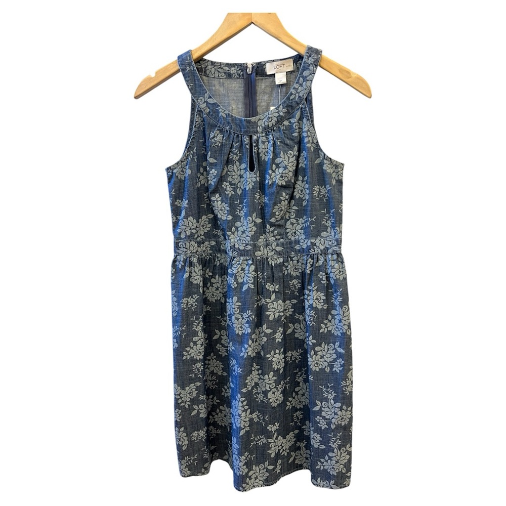 LOFT dress cotton blue floral print keyhole neck summer back zip sleeveless 0P